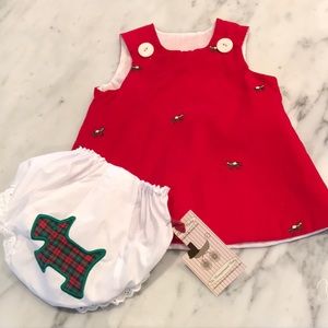 Christmas red corduroy dress & dog bloomers  3-6m